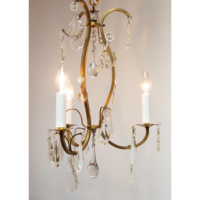 Gold French Brass Chandelier with 3 Arms and Crystals, 1940s For Sale - Image 8 of 12