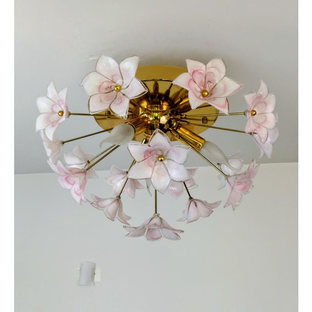 Murano Style Flush Mount Light Pink Flower Ceiling Light Glass Chandelier For Sale - Image 13 of 14