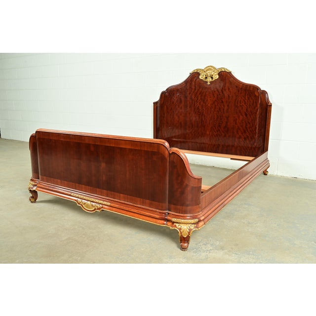 French Provincial Paul Sormani Style Antique French Provincial Louis XV Burled Mahogany and Gold Gilt Queen Size Bed For Sale - Image 3 of 13