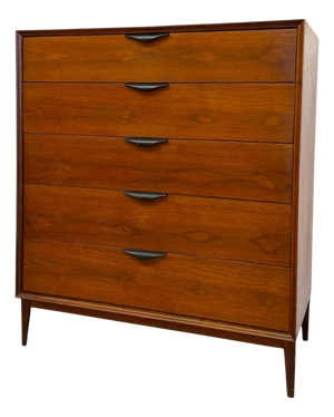 Merton Gershun for Dillingham Esprit Walnut 5-Drawer Highboy Dresser – Mid-Century Modern Tallboy.