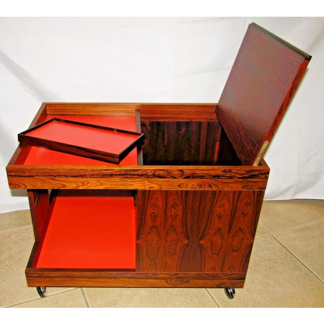 Mid-Century Modern MCM Swedish Rosewood Rolling Bar Cart Cabinet by Artie Circa 1960s For Sale - Image 3 of 16