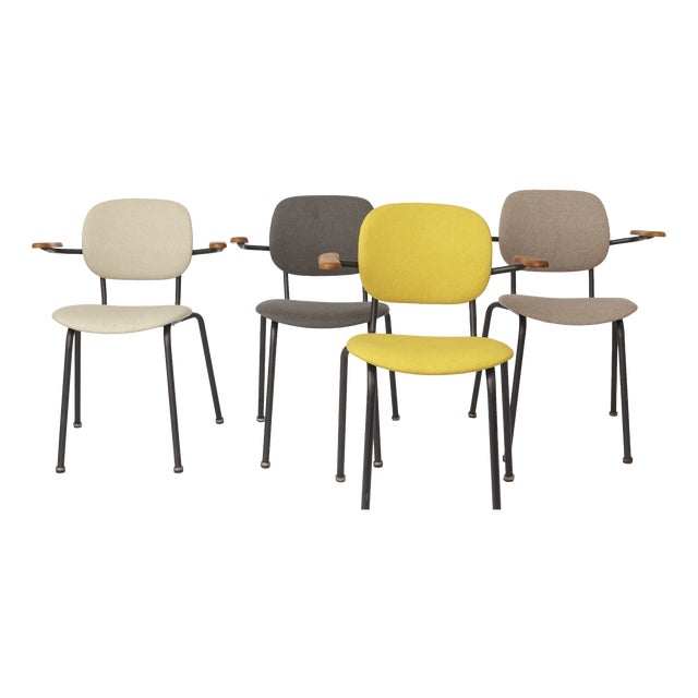 Vintage German Armchairs in Metal Frame with Wood Arms, 1950s, Set of 4 For Sale