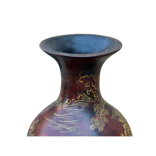 Chinese Brown Lacquer Golden Scenery Decorative Wood Vase Art For Sale - Image 9 of 18