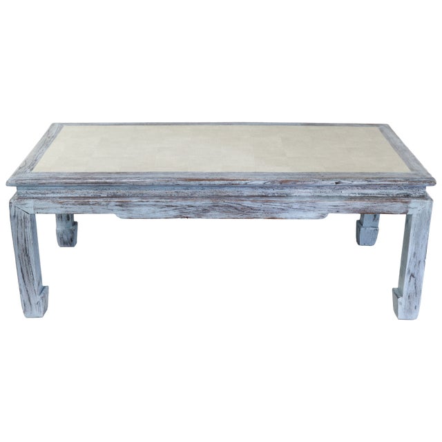 Vintage Swedish Blue-Grey Wash Wood Coffee Table With Ming Style Leg and Shagreen Top For Sale - Image 17 of 17