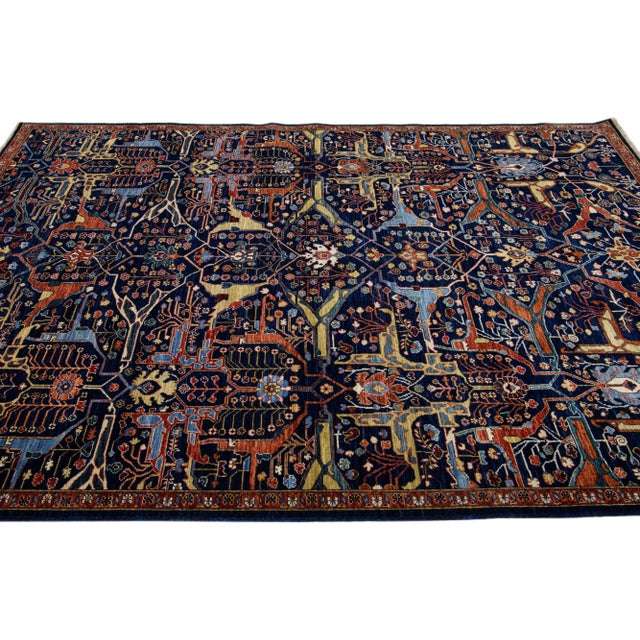 Modern Bidjar Style Handmade Dark Blue Wool Rug With Allover Motif