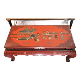 Vintage Far Eastern Furnishings Chinese Red Lacquer Court-Ladies Low Table Bench For Sale