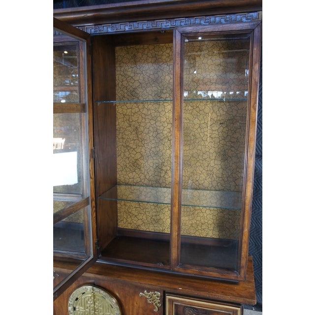 Brown 1970s Oak Chinese Chinoiserie Shou Ming Style China Display Cabinet Credenza 84" For Sale - Image 8 of 16
