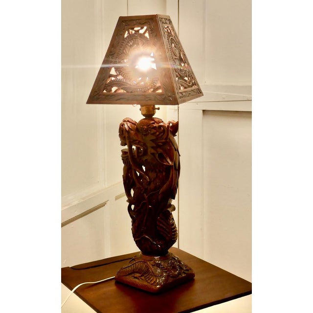 Oriental Folk Art Carved Teak Dragon Lamp. This is superb piece of hand carving, the base of the lamp is in the form of a...