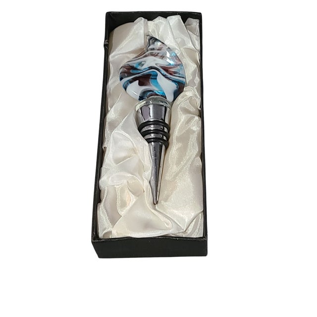 Blue Vintage Art Glass Abstract Design Wine Bottle Stopper With Box For Sale - Image 8 of 8