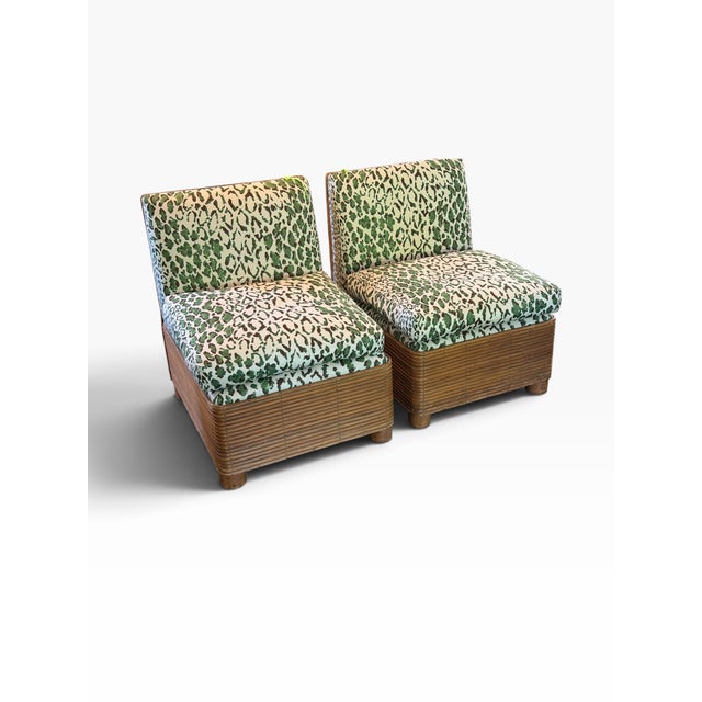 Mid 20th Century Pair of MCM Pencil Reed Rattan & Green Rose Cumming Leopard Slipper Chairs For Sale - Image 5 of 6