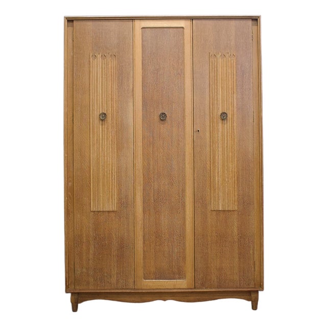 Mid-Century Limed Oak Triple Door Wardrobe, 1950s For Sale
