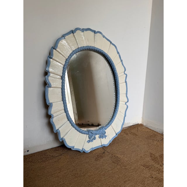 Shabby Chic Vintage Painted Ruffled Oval Mirror With Bow For Sale - Image 3 of 10
