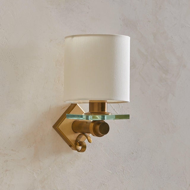 Modern 1960s Italian Brass + Glass Sconces with Drum Shades - a Pair For Sale - Image 3 of 8