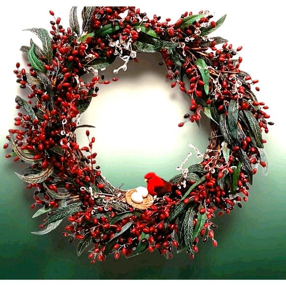 Winter Berries Door Wreath Realistic Red Cardinal‎ Egg Nest Holiday Ice Crystals For Sale - Image 14 of 15
