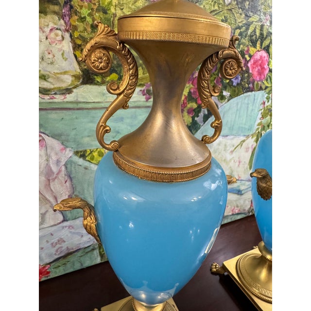 Glass Pair Antique French Blue Opaline Urns With Ormolu Mounts Cherub Finials Eagle Handles 19th Century For Sale - Image 7 of 15