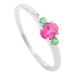 14k White Gold Ruby and Emerald Three-Stone Stacking Ring Size 5 For Sale