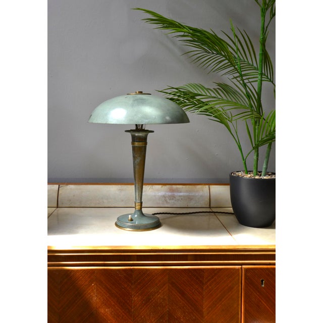 French Art Deco Verdigris Green Brass Mushroom Desk Light, 1930s For Sale - Image 6 of 18