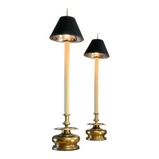 1980s Chapman Tall Buffet Cast Brass Table Lamps With Original Black Shades - a Pair For Sale