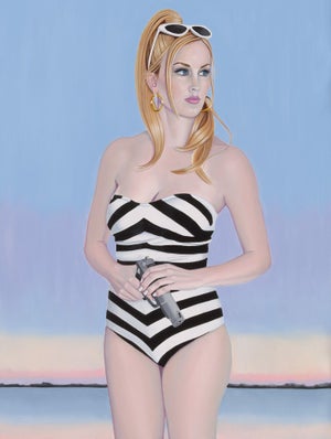 Calm Before the Storm by Suzy Smith | Oil on Linen Woman in a striped swimsuit holding a gun.