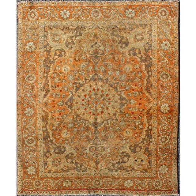 Textile Antique Persian Tabriz Haji Jalili With Central Medallion and Florals in Orange, Brown For Sale - Image 7 of 7