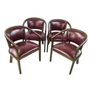 1970s Vintage Boho Chic Traditional Burgundy Leather Brass Nailhead Club Chairs - Set of 4 For Sale