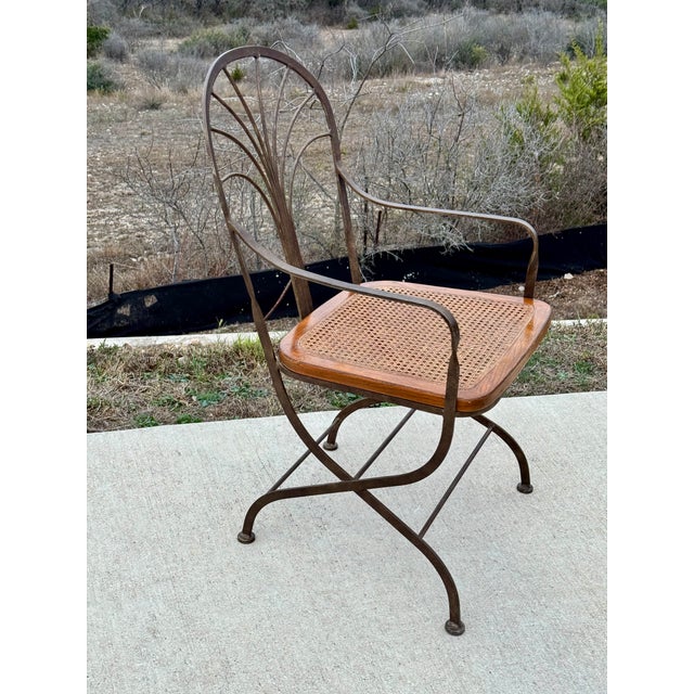 Vintage Drexel Heritage Bronze Wrought Iron, Wood, Woven Cane Set of Four Arm Chairs For Sale - Image 11 of 14