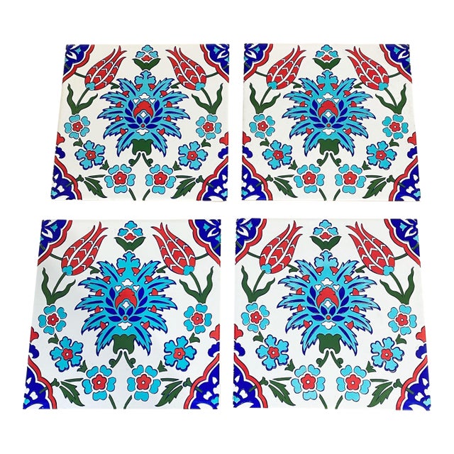 Turkish Iznik Red & Blue Floral Pattern Ceramic Tile For Sale