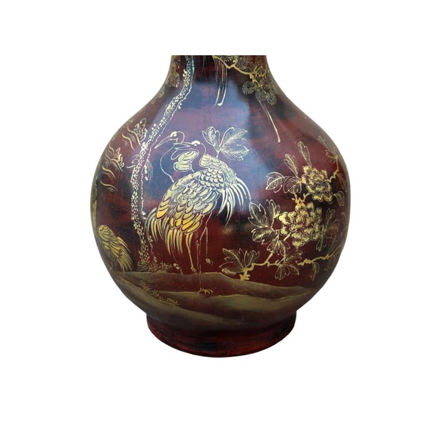 1980s Chinese Brown Lacquer Golden Scenery Decorative Wood Vase Art For Sale - Image 5 of 18