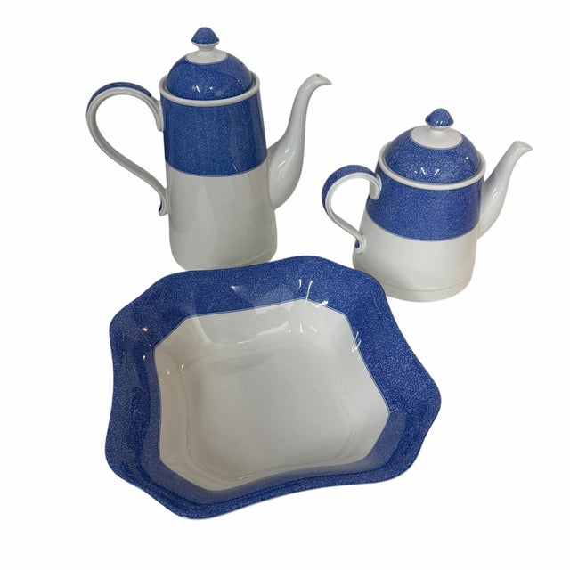 Vintage set of three pieces Spode Vermicelli. Marked made in England. Bowl measures 9.5” square x 3” h., coffee pot...
