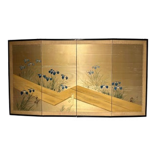Vintage Japanese Four-Panel Byōbu Hand-Painted Folding Silk Screen Irises Motif 66" X 36" For Sale