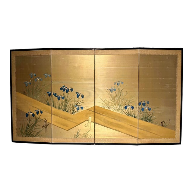 Vintage Japanese Four-Panel Byōbu Hand-Painted Folding Silk Screen Irises Motif 66" X 36" For Sale