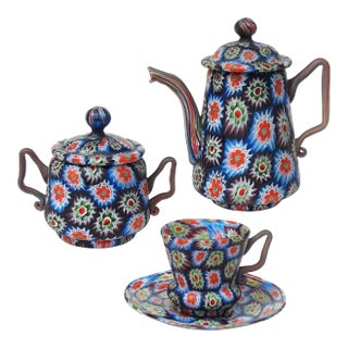 Antique Murano Fratelli Toso Millefiori Flower Mosaic Italian Art Glass Teapot Sugar Bowl Cup Saucer Set For Sale
