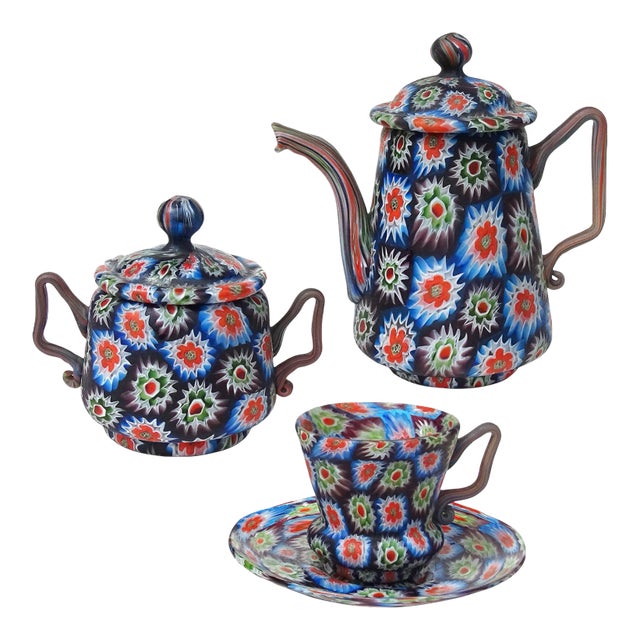 Antique Murano Fratelli Toso Millefiori Flower Mosaic Italian Art Glass Teapot Sugar Bowl Cup Saucer Set For Sale