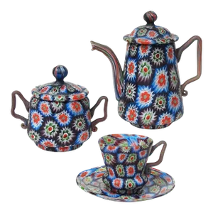 Murano Fratelli Toso Antique Millefiori Flower Mosaic Italian Art Glass Teapot Sugar Bowl Cup Saucer Set