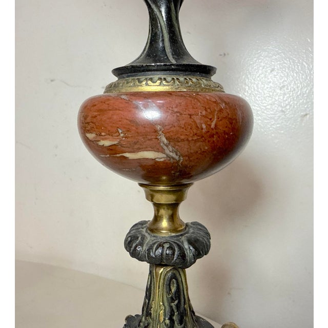 Bronze Pair Antique Ornate 1800's Patinated Gilt Bronze Marble Neoclassical Candelabras For Sale - Image 8 of 14
