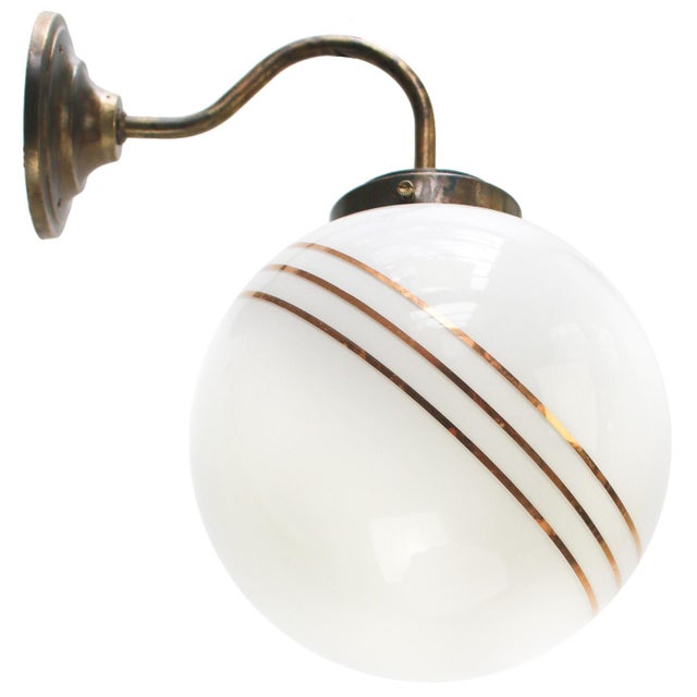 French White Opaline Glass and Brass Bistro Sconce with Gilt Stripes For Sale - Image 6 of 7