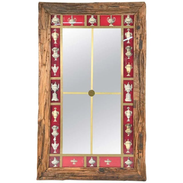 Rustic Italian wall mirror. Large wall mirror. Timber frame with reverse painted and mirrored glass. Brass trim.