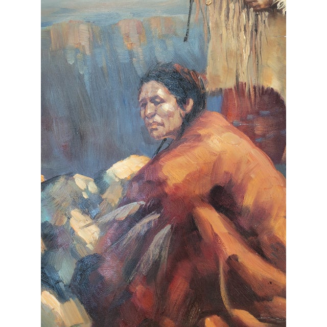 1970s 1970s Vintage American Indian Oil Painting on Canvas For Sale - Image 5 of 8