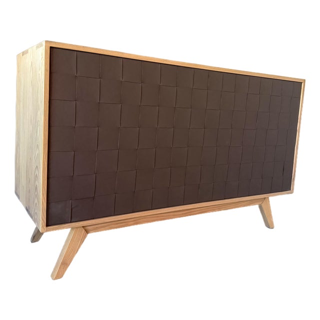 Architectural Solid Maple Bar Cabinet With Hand-Woven Leather Front For Sale