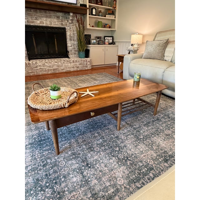 Wood Stanley Mid-Century Modern Style Wood Coffee Table With Drawer and Magazine Shelf For Sale - Image 7 of 10