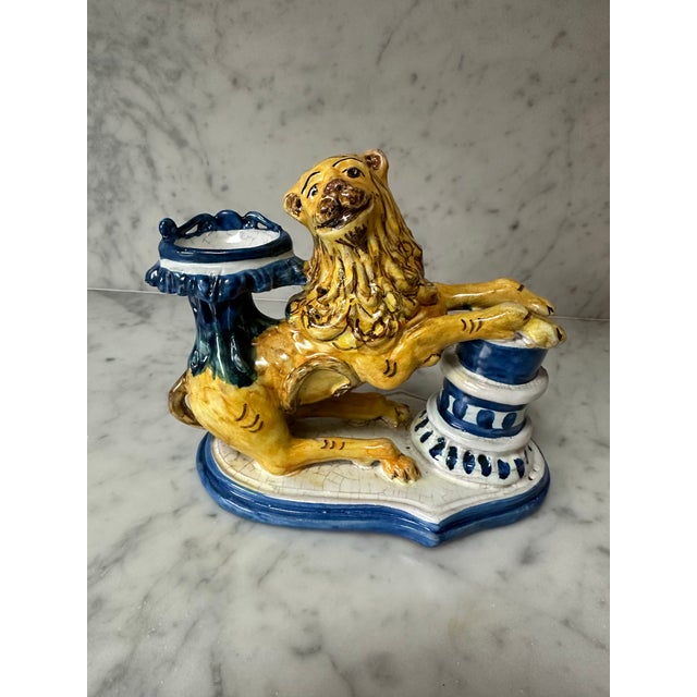 Italian F. Messina Caltagirone Polychromed Earthenware Lion Inkwell 1950’s For Sale - Image 3 of 8