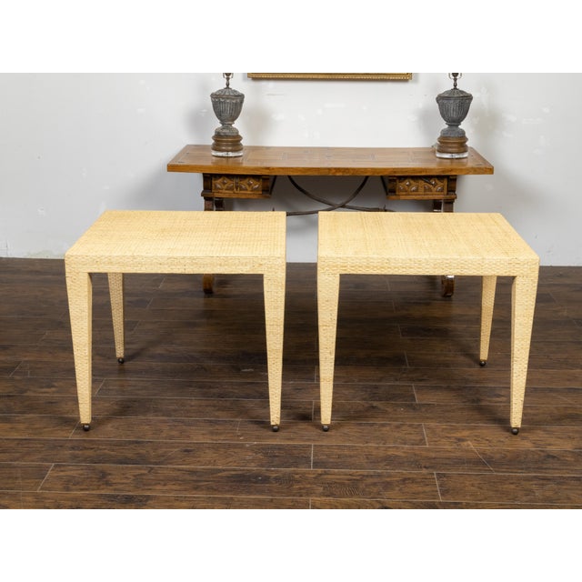 Pair of Baker Furniture Midcentury Wicker Side Tables with Tapered Legs For Sale In Atlanta - Image 6 of 10