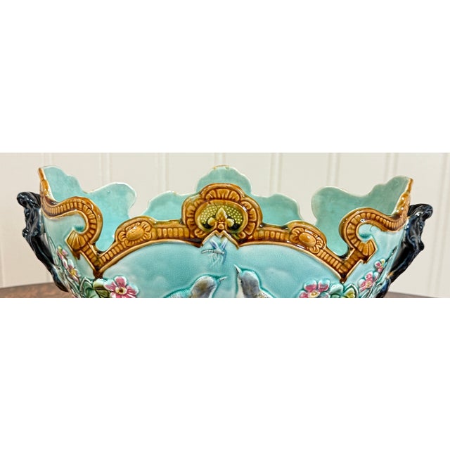 Antique French Onnaing Majolica Cache Pot Planter Bowl Jardiniere Love Birds For Sale - Image 13 of 18