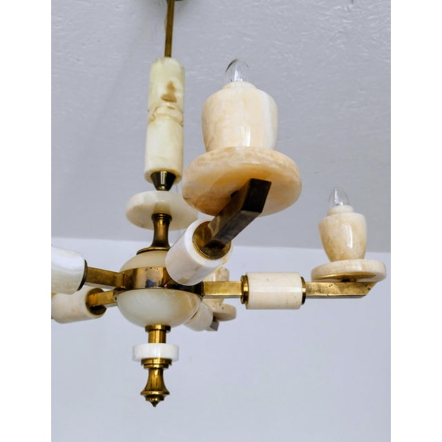 1980s Vintage 1980s Italian Onyx Brass Marble Chandelier Lighting Ceiling Fixture Light For Sale - Image 5 of 9