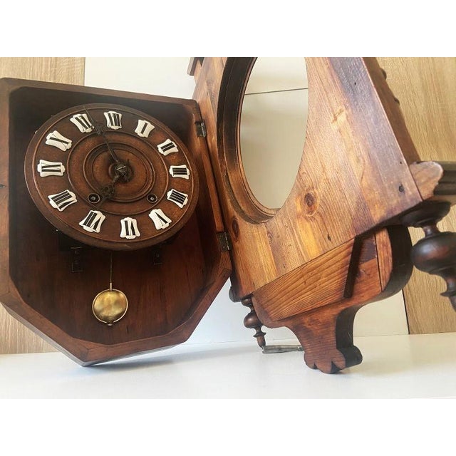 Large Antique French Mechanical Wall Clock in Wood, 1880s For Sale - Image 4 of 13