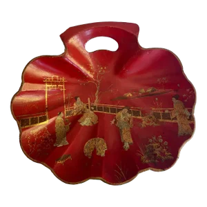 Antique 1880's Chinese Chinoiserie Red Lacquer Decorative Scallop Shell Catchall