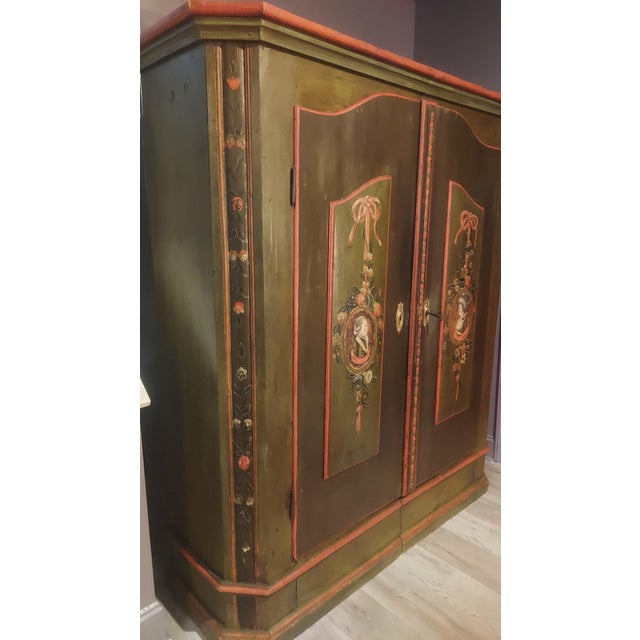 Rustic European 18th-Century Central European Hand-Painted Wedding Armoire — Folk Art Bauernschrank With Portrait Medallions For Sale - Image 3 of 15