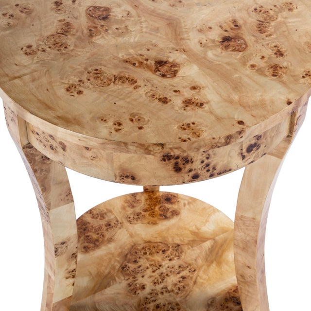 Wood Holdin 18 in. W Round Wood Side Table with Lower Open Shelf, Light Burl For Sale - Image 7 of 9