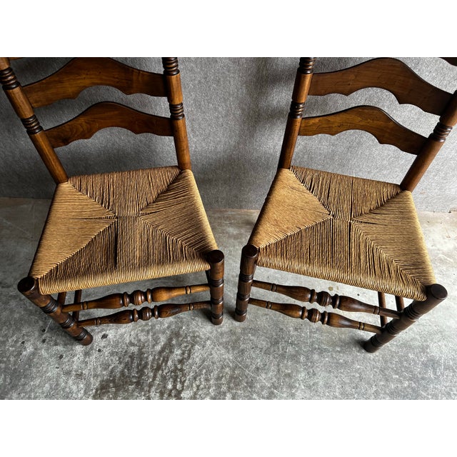 Vintage Pair of French Country Ladder Back Rush Seat Chairs For Sale - Image 9 of 12