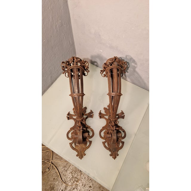 Large Wrought Iron Wall Lamps with Floral Motifs, 1920s, Set of 2 For Sale - Image 12 of 12